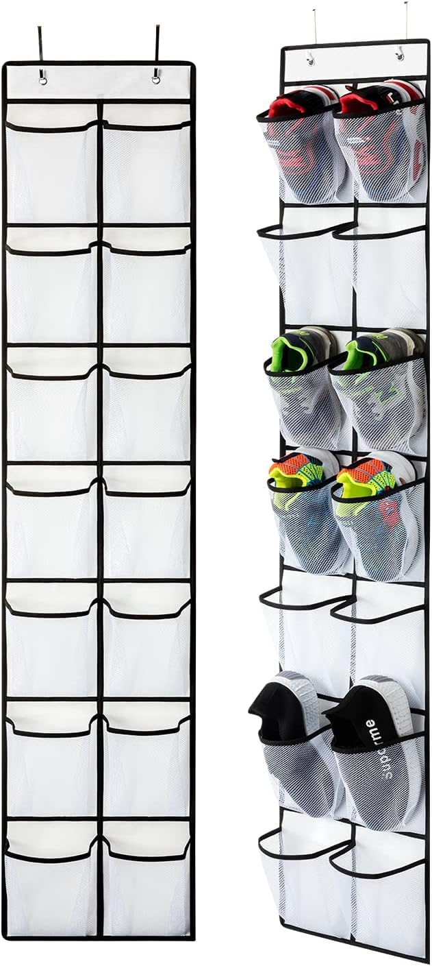 SOPSTUO Hanging Shoe Storage, Over Door Shoe Storage, Door Shoe Rack,12 Breathable Mesh Huge Pockets, Shoe Hanging Storage Bag with 2 Metal Hooks for Various Doors (12)