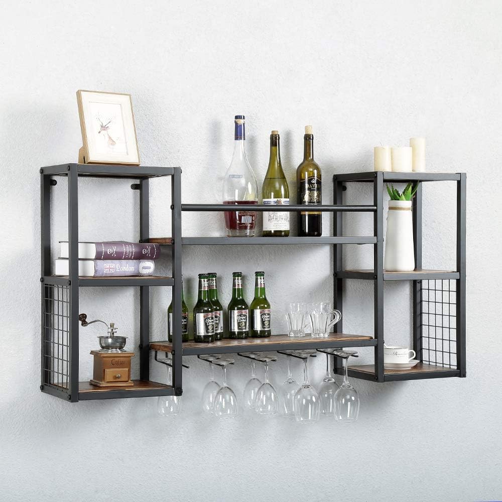 Industrial Hanging Wine Rack Wall Mounted with 5 Stem Glass