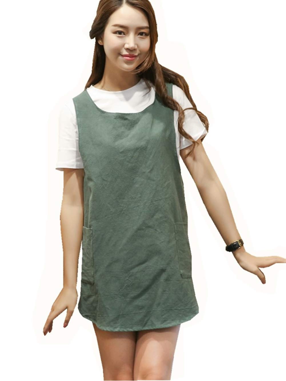 AOBBYBBS Soft Cotton Linen Apron Solid Color Halter Cross Bandage Aprons Japanese Style X Shape Double Pockets Round Skirt Kitchen Cooking Clothes Chef Summer Fit (Army Green)