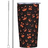SOUWEWU Scary Pumpkin Face 20oz Tumbler Stainless Steel with Lid and Straw, Black Insulated Travel Mug for Hot Cold Drinks, Halloween Print Cup, Coffee Cup for Women Men Teens