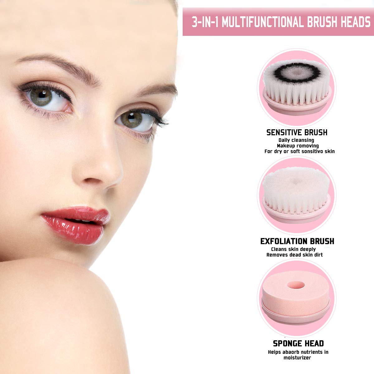 Gackoko Facial Cleansing Brush- Latest advanced cleasing Technology & 3 Brush Heads-USB Rechargeable Electric Rotating Face- IPX7 Waterproof-Advanced Face Spa System for Exfoliating Deep clease (Pink): Beauty