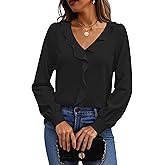 Halife Womens Dressy Casual Blouses Long Sleeve Business Tops Ruffle V Neck Trendy Work Shirts