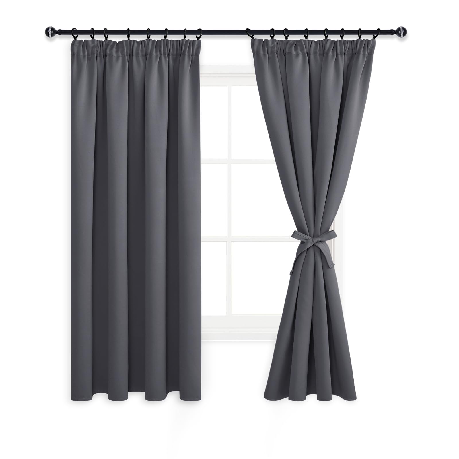 DWCN Dark Grey Curtains Blackout Curtains for Bedroom Thermal Insulated Pencil Pleat Window Drapes for Living Room with Tiebacks 46 x 54 inch Length, Dark Grey, 2 Panels