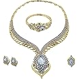 LifflyLadys Gold Jewelry Sets for Women,Dubai Statement Necklaces Gold Bracelets Open Hoop Earrings Ring Fashion Crystal Wedding Costume Jewelry Accessories Set Mom Birthday for Women Valentine‘s Day Gift