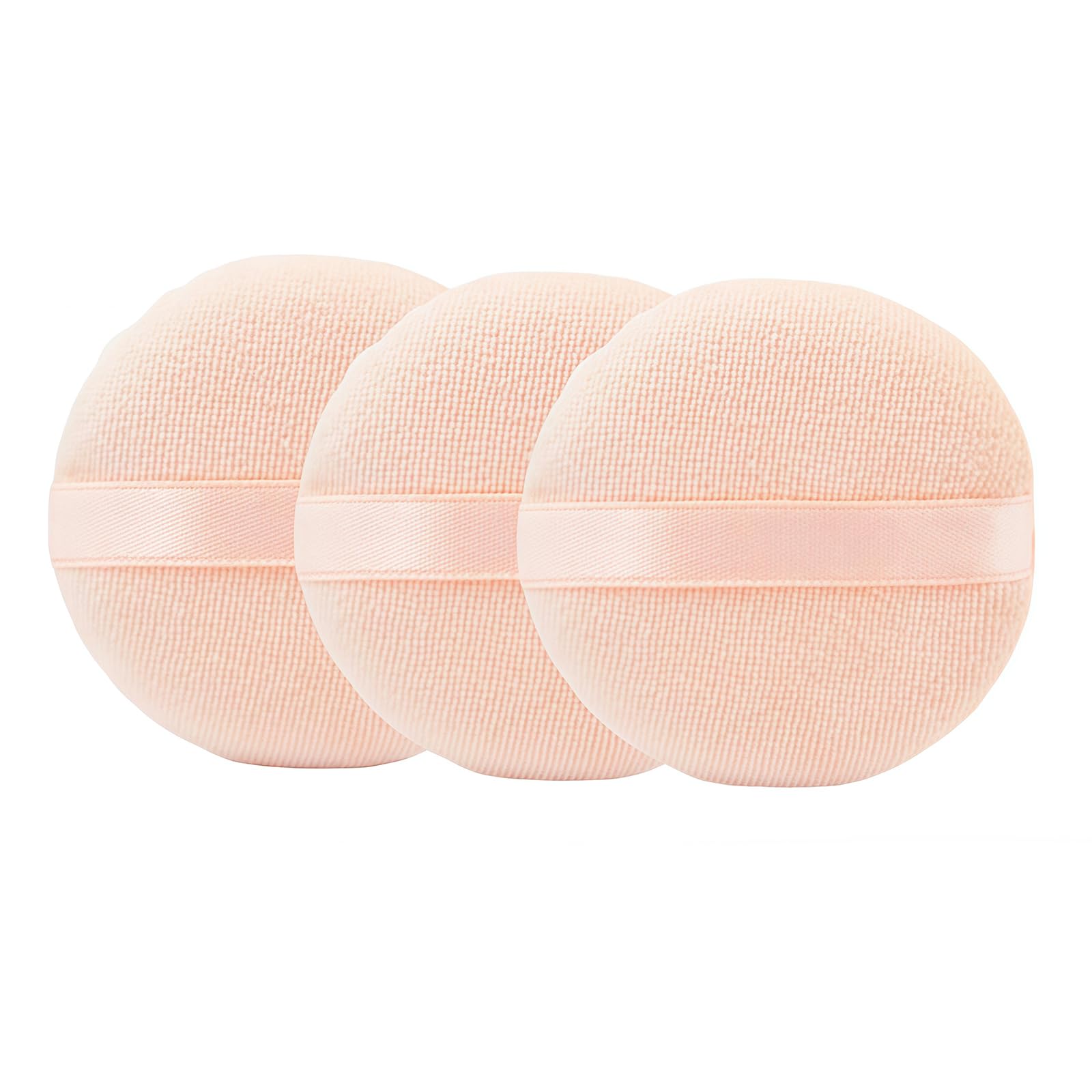 3Pcs Round Velour Loose Powder Puffs with Ribbon 8cm / 3.15" Soft Sponge Face Facial Makeup Cosmetic Loose Powder Puff Foundation Beauty Tool (Beige)