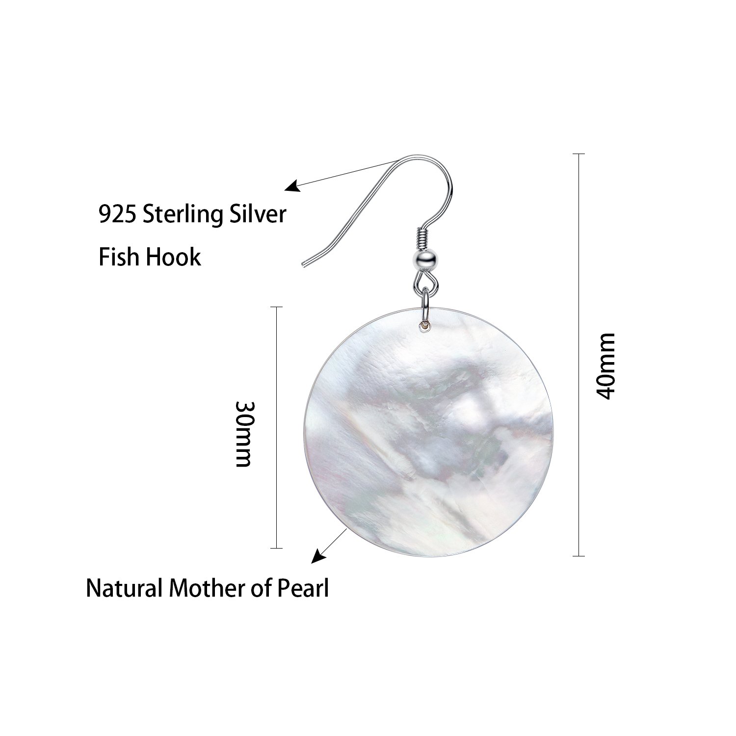 Large Round Dangle Earrings Sterling Silver Shell Drop Earrings , White