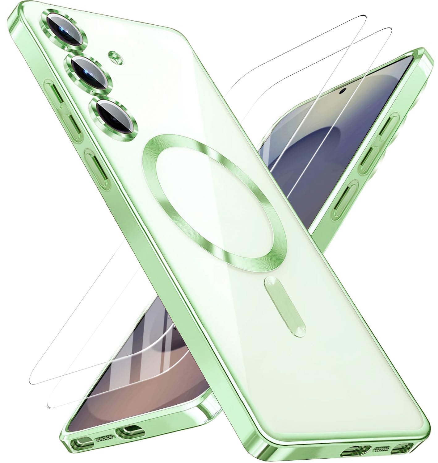 for Samsung Galaxy S25 Plus Case with 2X Screen Protector & Camera Protection,Magnetic Galaxy S 25 Ultra Case with MagSafe Metallic Glossy Luxury Shockproof Cover for S25 Plus Phone Cases,Green
