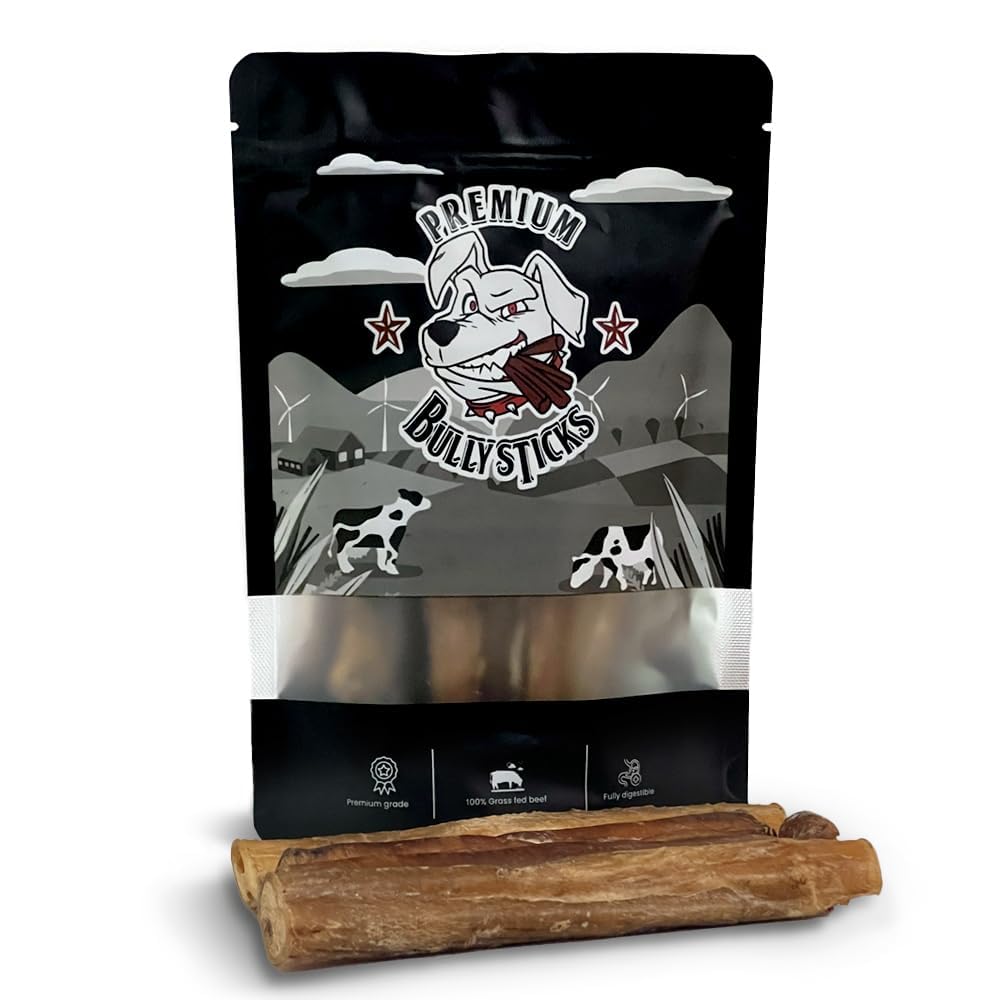 Premium Bully Sticks - Pizzle Sticks for Dogs - Pack of 4 Bull Pizzles for All Dog Sizes and Puppies, Natural Long Lasting Low Odour Dog Chews Made with Grass Fed Beef