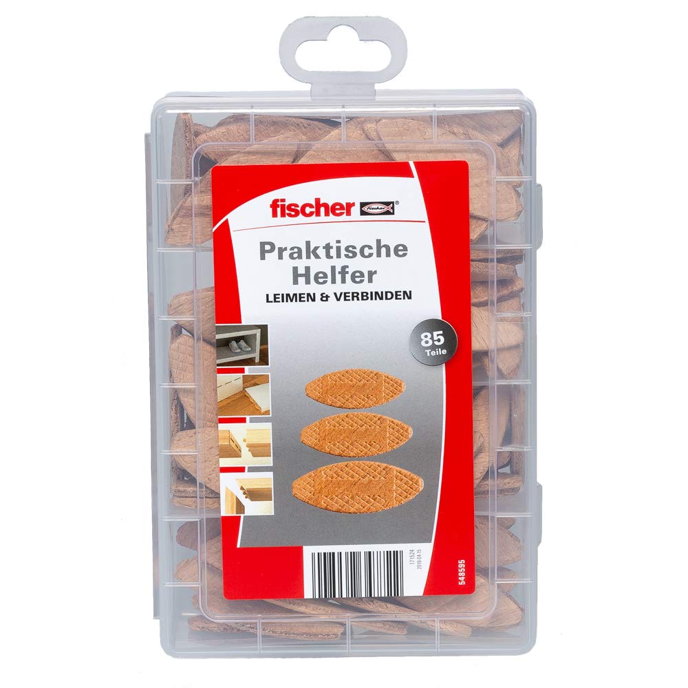 fischer Practical Helper Gluing and Connecting, Assortment Box with 85 Flat dowels, Set for Secure Connections of Solid Wood, Wood Materials and Panel Materials