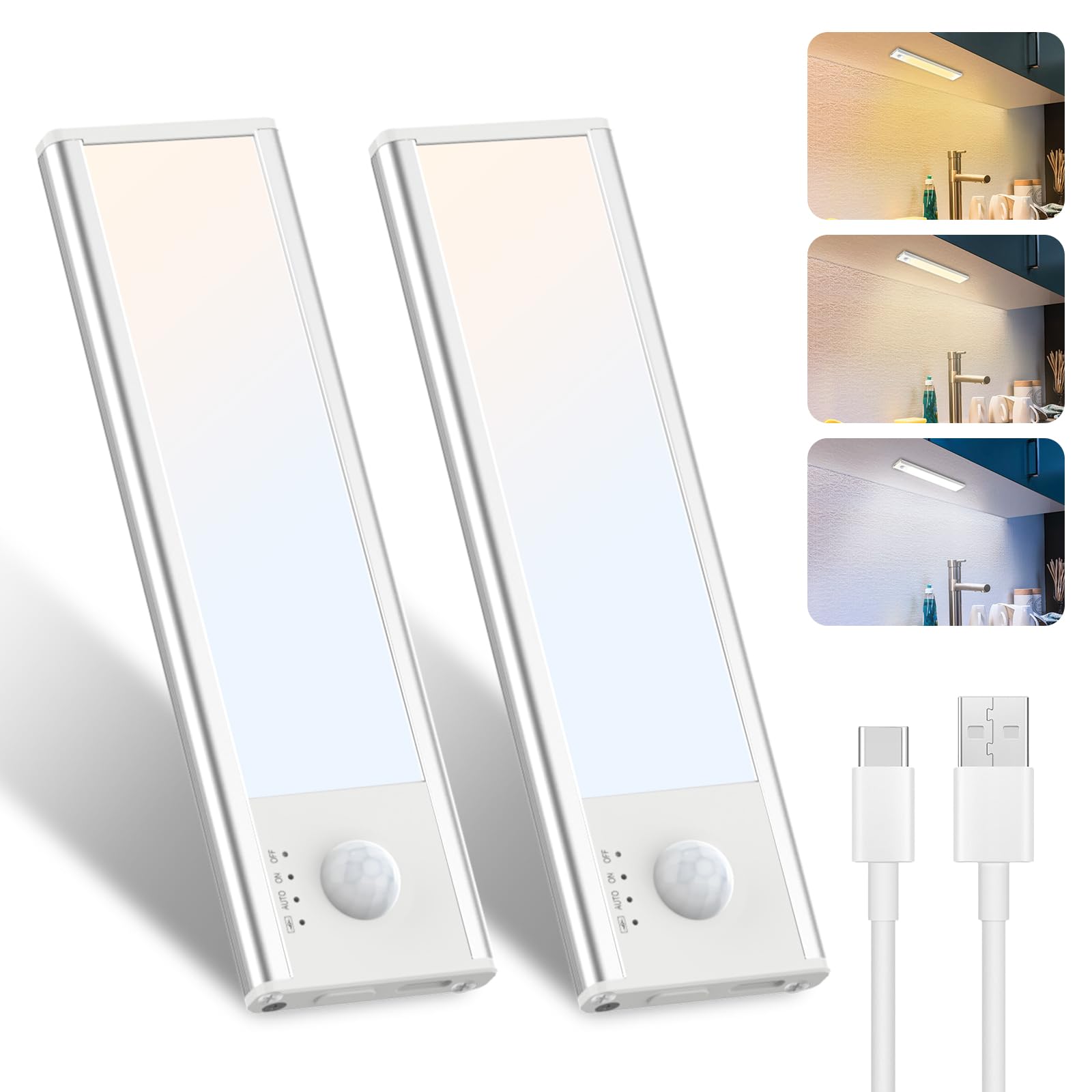 Libtit 15CM Under Cabinet LED Kitchen Light, USB Rechargeable Motion Sensor, 3000K-6500K Dimmable, Wireless Shelf Lighting for Stairs, Hallway, Garage, 2 Pack