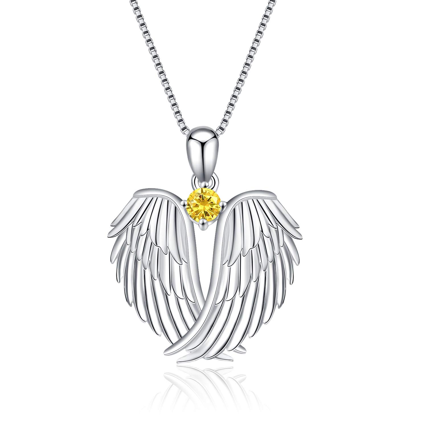 VONALA Guardian Angel Wings Necklace Sterling Silver Pendant with Sparkle Cubic Zirconia Jewellery For Women Girls Birthday Gift Birhstone November