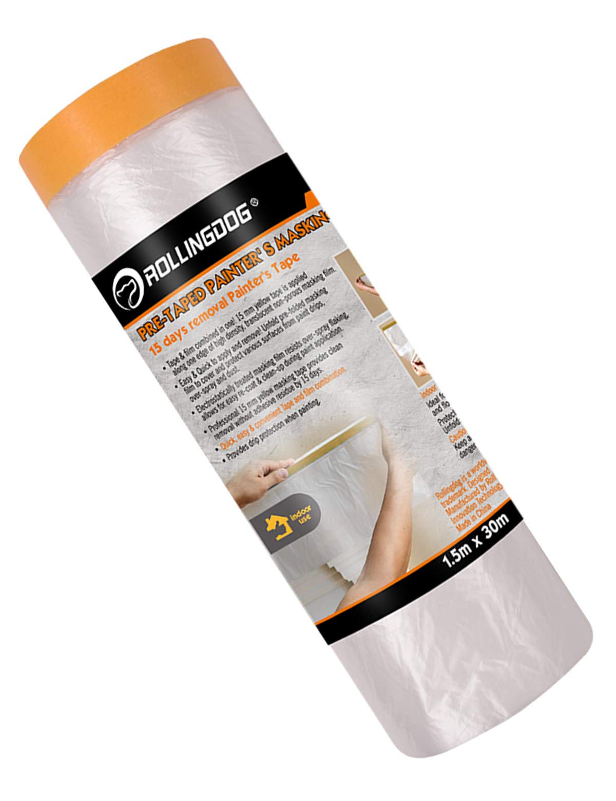 ROLLINGDOG Washi Masking Tape Pre-Taped Painter's Drop Cloth Dust Sheets with Size 1500mm×30m, Low Tack Masking Tape,7 Day Residue Free Removal Masking Film for Painting Protection