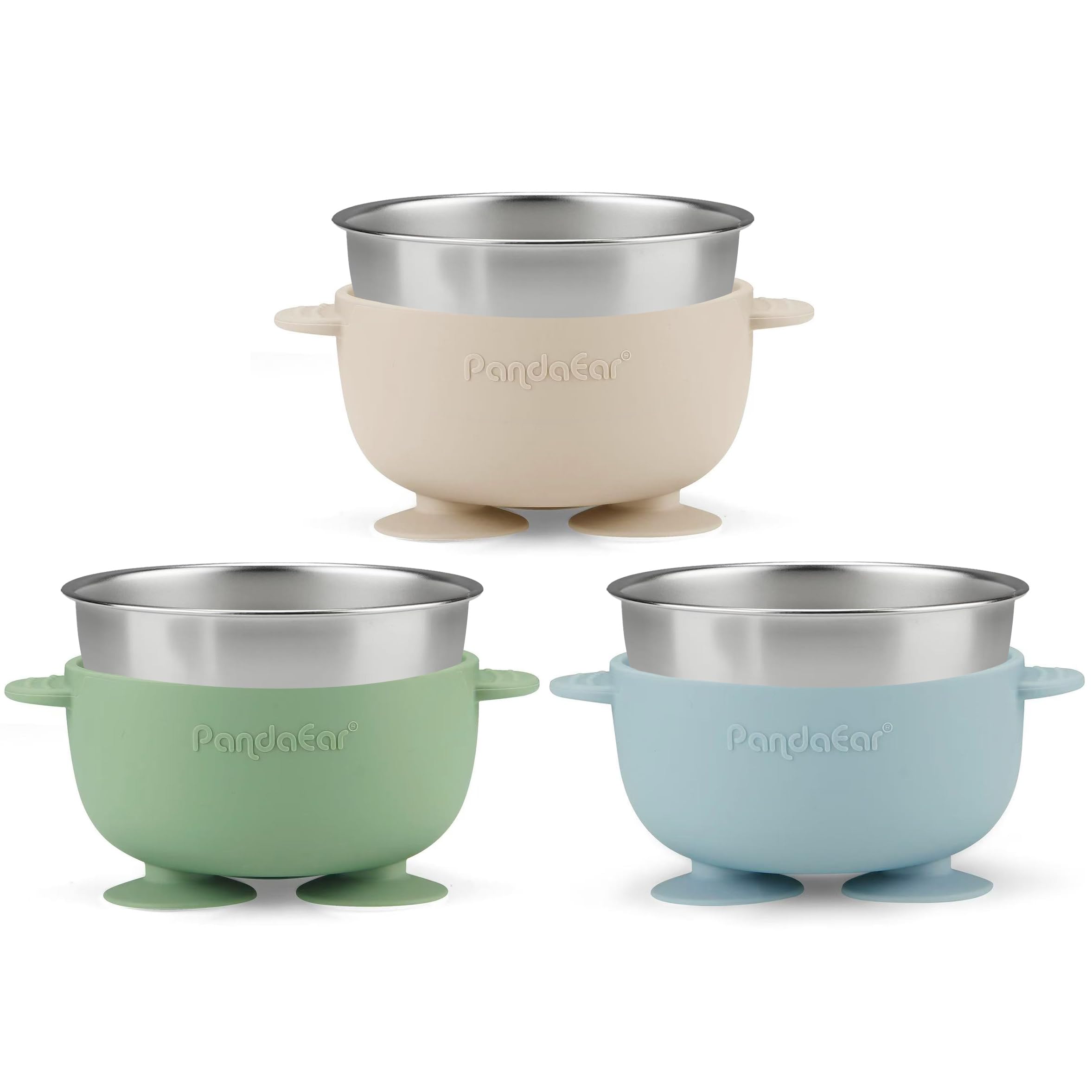 PandaEar 3 Pack Stainless Steel Baby Suction Bowls, Non-Slip Child Food Bowl with Silicone Sleeve for Kids Toddlers Infants, Unbreakable & Mess Free (Blue Green Brown)