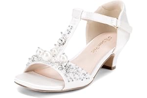 DREAM PAIRS Girls Sandals Ankle Strap T-Strap Low Heel Pearl Bow Flower Pump Dress Wedding Party Shoes for Little Kid/Big Kid