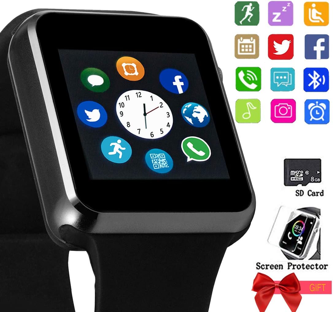 Smartwatch, Bluetooth Smart Watch Touch Screen Unlocked Mini Phone with Card Slot Make Call and Message Sleep Tracker with Pedometer Camera Music Play Compatible with Android iOS Phone Men Women