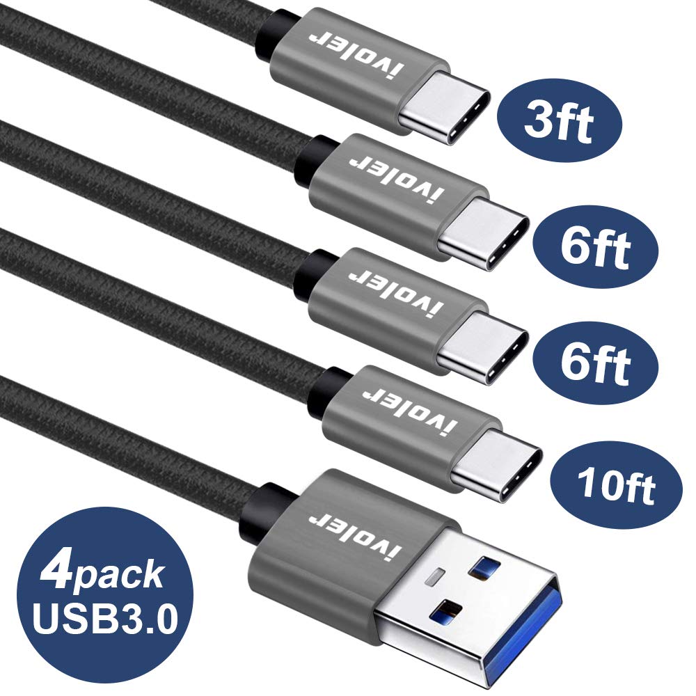 USB C Cable (USB 3.0), iVoler [4 Pack:3FT 6FTx2 10FT] Braided Nylon Type C Charger Cables Fast Charging Cord for Samsung Galaxy Note 9 S9 S8 Plus LG G7 Google Pixel XL 2 Nintendo Switch (Black Gray)