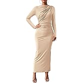 BTFBM Women Bodycon Maxi Dress Long Sleeve Back Slit Ruched Elegant Party Cocktail Formal Fall Wedding Guest Dresses