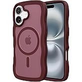 ZTOFERA for iPhone 16 Phone Case Compatible with MagSafe, Curly Wave Frame & Matte Translucent Hard Back, Soft Silicone Bumper Shockproof Protective Magnetic Phone Cover-Wine Red