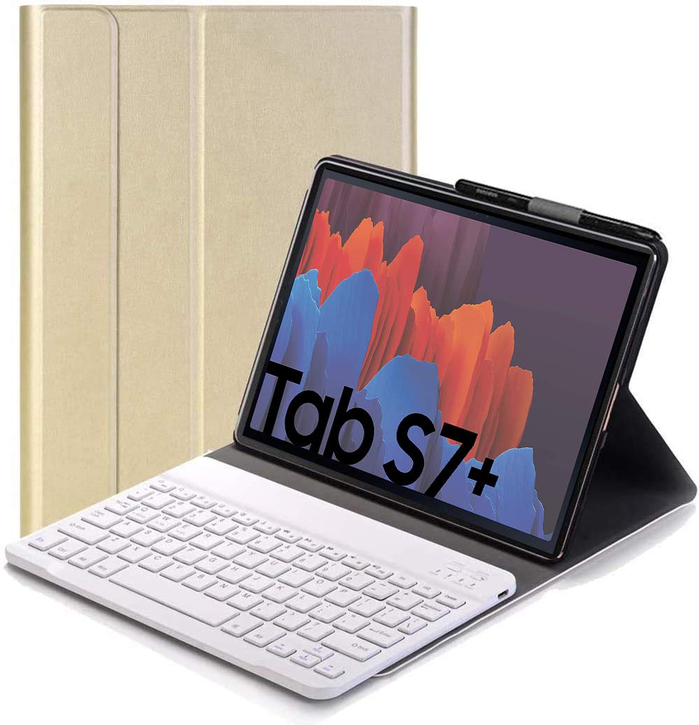RLTech Keyboard Case for Samsung Galaxy Tab S7+ - (QWERTY Layout) Ultra Slim Flip with Removable Wireless Keyboard Stand Case for Samsung Galaxy Tab S7+ 12.4" T970/975/976 2020, Gold
