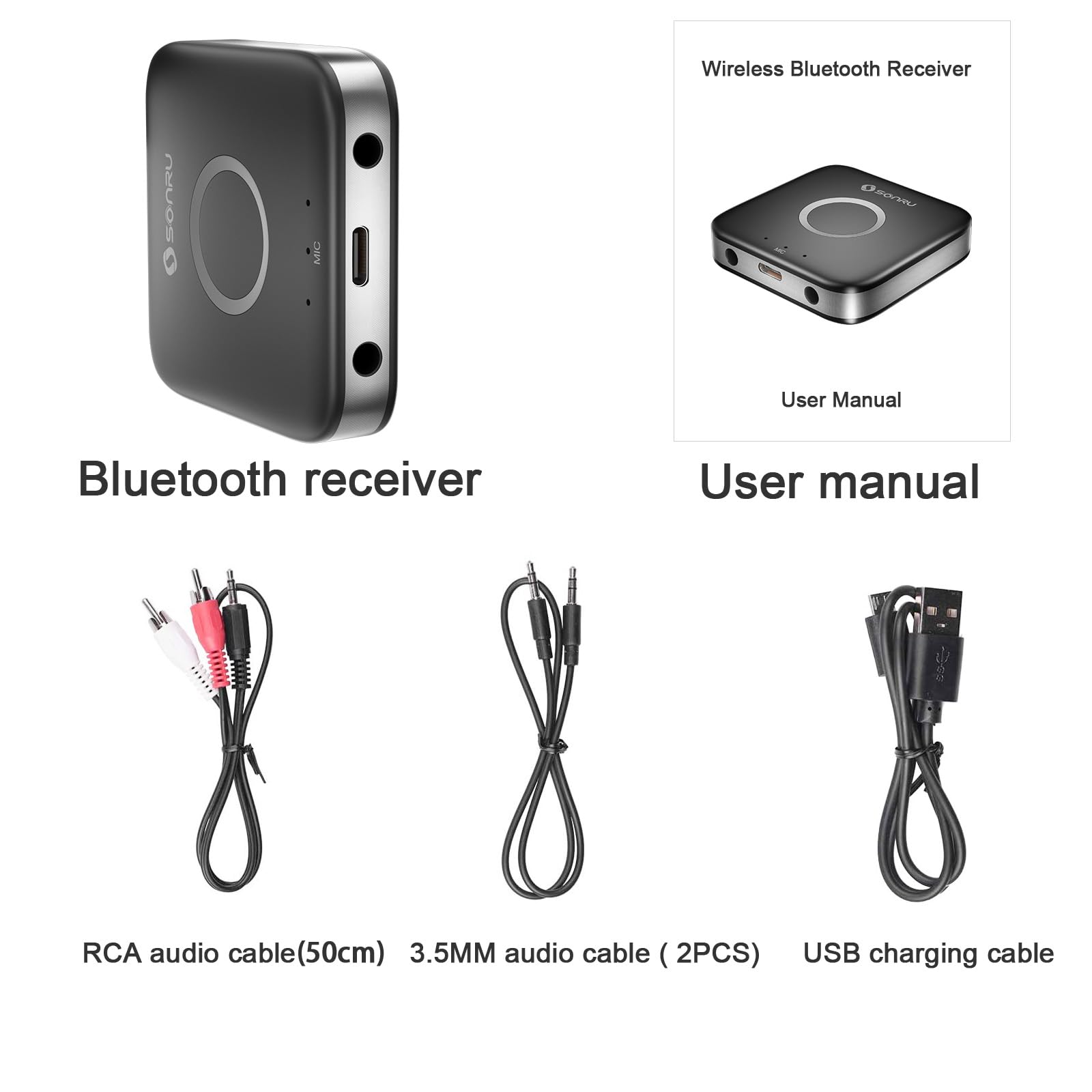 SONRU Bluetooth 5.3 Adapter Hi-Fi Equipment for Car Wireless Audio Receiver with 3.5mm AUX RCA Cable, Noise Cancellation, Dual AUX Outputs for Home Speakers Wired Headphones