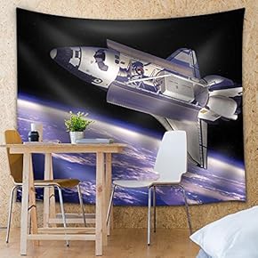 Rocketship Flying Through Space with The Earth Below - Fabric Tapestry, Home Decor - 51x60 inches