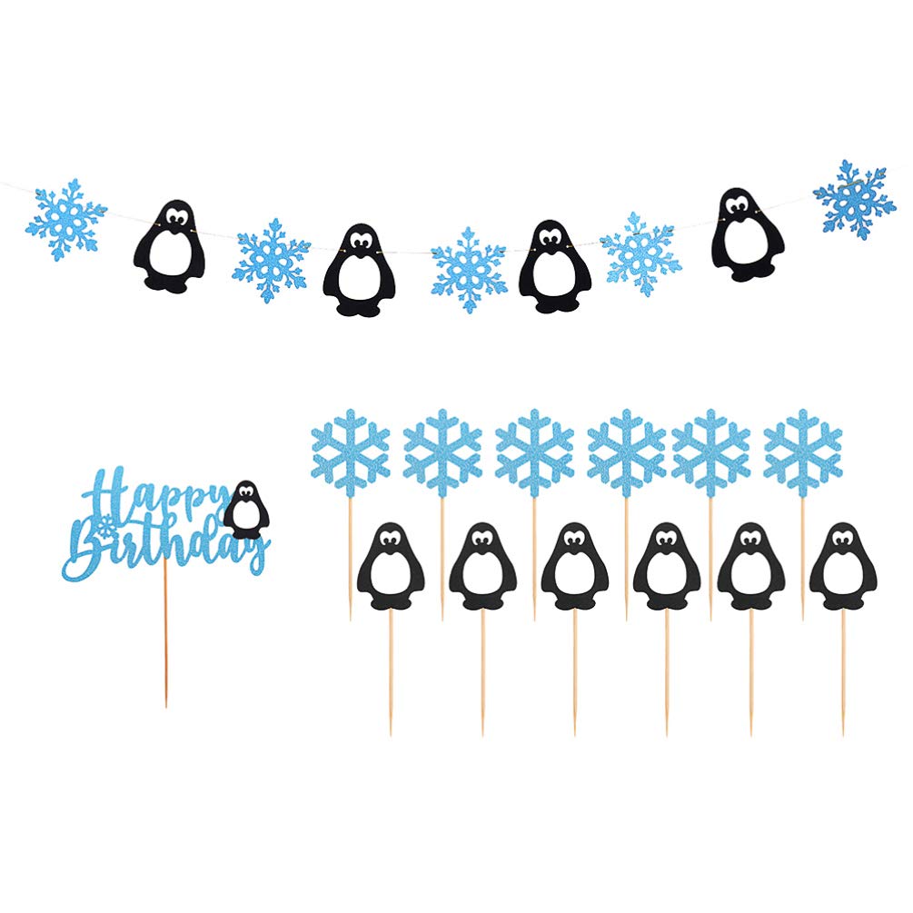Amosfun 14Pcs Snowflake Birthday Party Decorations with Penguin Snowflake Banner Cake Topper Toothpicks for Christmas Winter Birthday Party Supplies Decoration