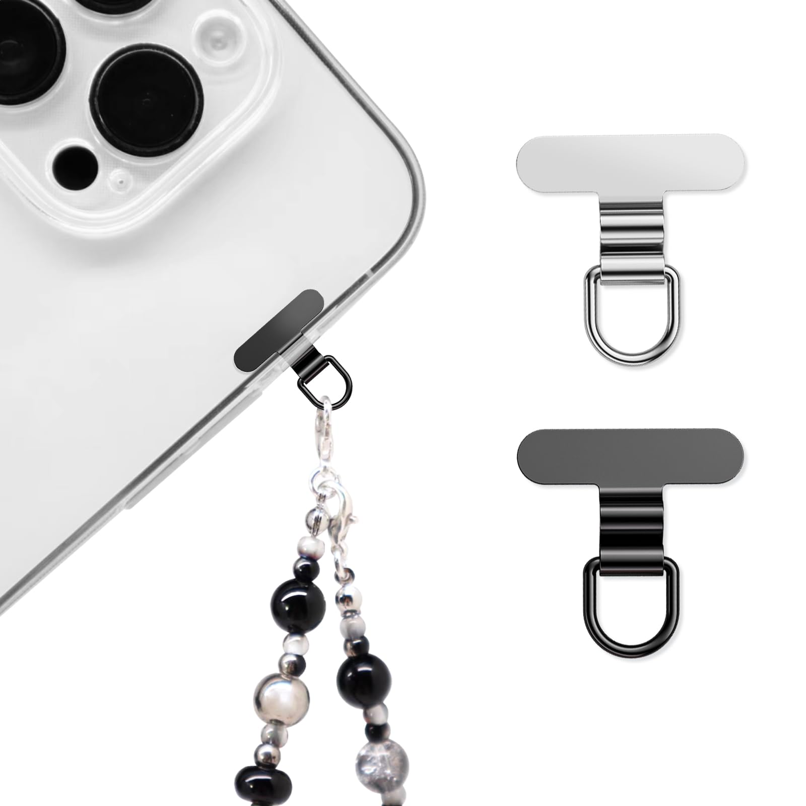 saxsion Phone Charm Holder, Mini Metal Tether Tab - Ultra Thin Stainless Steel Lanyard Patch for iPhone, Universal Wrist Strap & Crossbody Lanyard Clip (Fashion Silver+black)