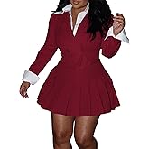 Adogirl Women 2 Piece Outfits Color Block Crop Blazer Mini Pleated Skirt Sets Matching Set Casual Business Skirt Suits