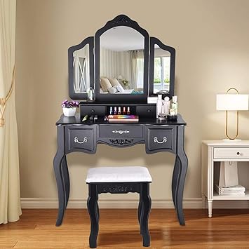 Amazon Com Xesvk Makeup Vanity Table Flip Top Mirror Makeup Dressing Table Writing Desk Vanity Beauty Station Wooden Stool 3 Mirrors 5 Drawers Set With Chair Us Stock Kitchen Dining