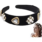 YAFIYGI 1 Pack Black Jeweled Headband Velvet Chunky Classy Headbands with Pearl Rhinestone Designer Embellished with Pearl Jewel Stylish Beaded Headwrap for Women Dressy Hair Accessories