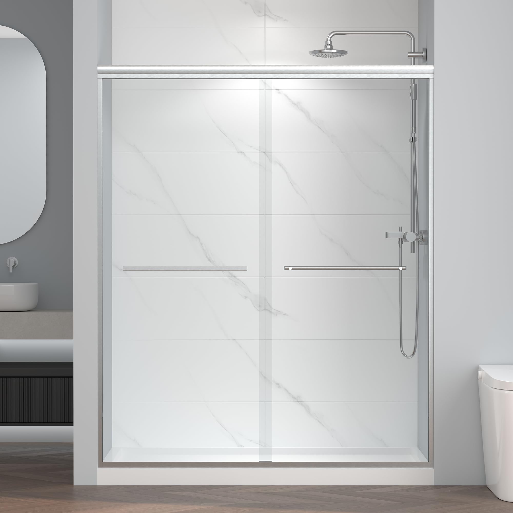 Photo 1 of (truck/trailer pick up only)
ENSO SENKA 56-60" W x 72" H Semi-Frameless Bypass Sliding Shower Door, Easy-to-Clean Treated Clear Tempered SGCC Glass, Brushed Nickel