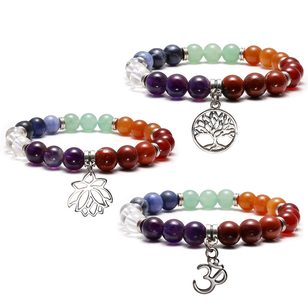 Top Plaza 7 Chakra Healing Bracelet Real Stones Yoga Meditation Mala Bead Bracelets for Women, Pack of 3