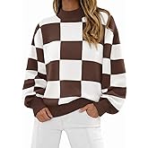 ATHMILE Womens Fashion Turtleneck Sweater Long Sleeve Plaid Ribbed Knit Loose Pullover Tops Trendy Office Outfits