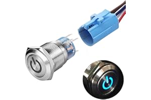 Quentacy 19mm 3/4" Latching Push Button Switch 12V 48V DC LED Power Symbol ON-OFF Waterproof Toggle Switch Stainless Steel Shell with Wire Connector Plug(Blue light)