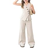 Floerns Girl's 2 Piece Outfit Elegant V Neck Button Up Suit Vest with Wide Leg Pants Set