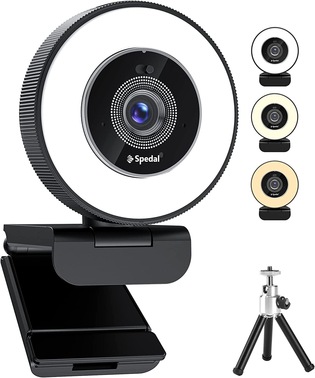 Spedal 4K Webcam with Ring Light, Built-in Dual Microphone and Privacy Cover, Fast AutoFocus, Adjustable Brightness, USB Streaming Web Camera with Tripod, for Zoom Twitch Teams YouTube Skype Meeting