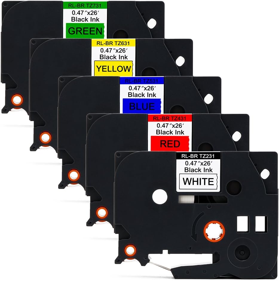 Mipelo 5 x Compatible Brother TZE-231 TZE-431 TZE-531 TZE-631 TZE-731 Label Tape for Brother P-Touch H101C GL-H105 GL-H100 E100 P750W H110 2030 2030VP P700 2430PC Cube H101GB 1230PC H101TB D210 H75 D400 E550WVP D600VP D200 D450VP 2100VP 2460 Label Maker, 12mm x 8m