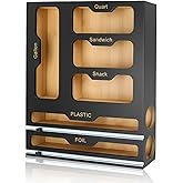 Domazia 6-in-1 Ziplock Bag Organizer & Plastic Wrap Dispenser with Cutter, Kitchen Drawer Organizer for Food Storage Bags, Foil, Plastic Wrap, Parchment Paper Bamboo Bag Organizer