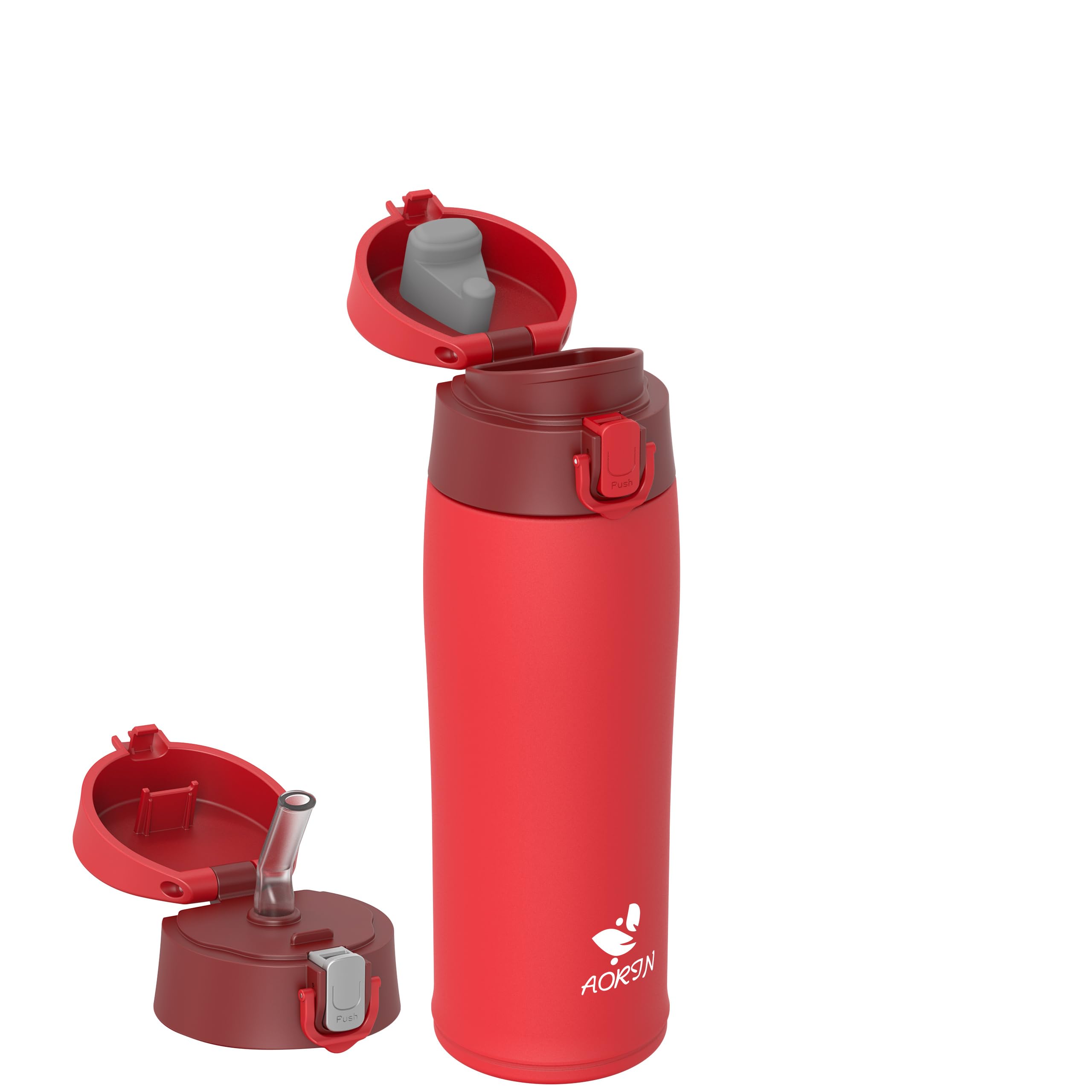 AORIN 18/8 Stainless Steel Water Bottle with 2 Lids, 500ml, Vacuum Insulated Metal Bottle, Leakproof Drinks Bottle, BPA Free, Hot & Cold Compatible, Portable Flask for Gym, Sport, Daily