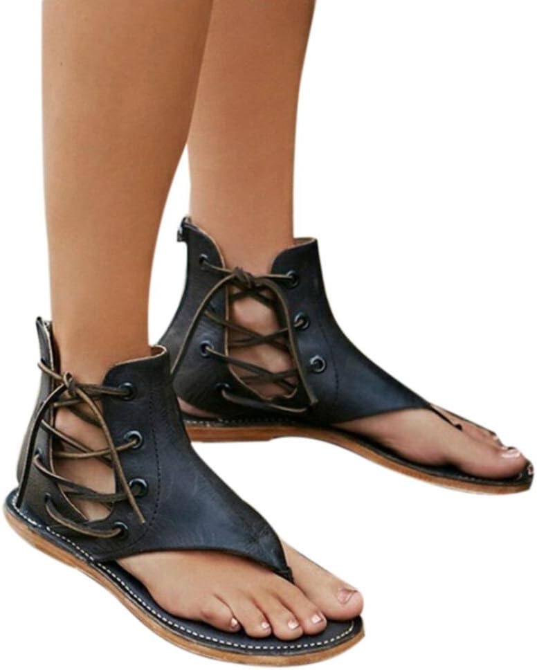 Baigoods Women Summer Pinch Flat-Bottomed Roman Sandals Strappy Sandals Ankle Flat Straps Leather Shoes