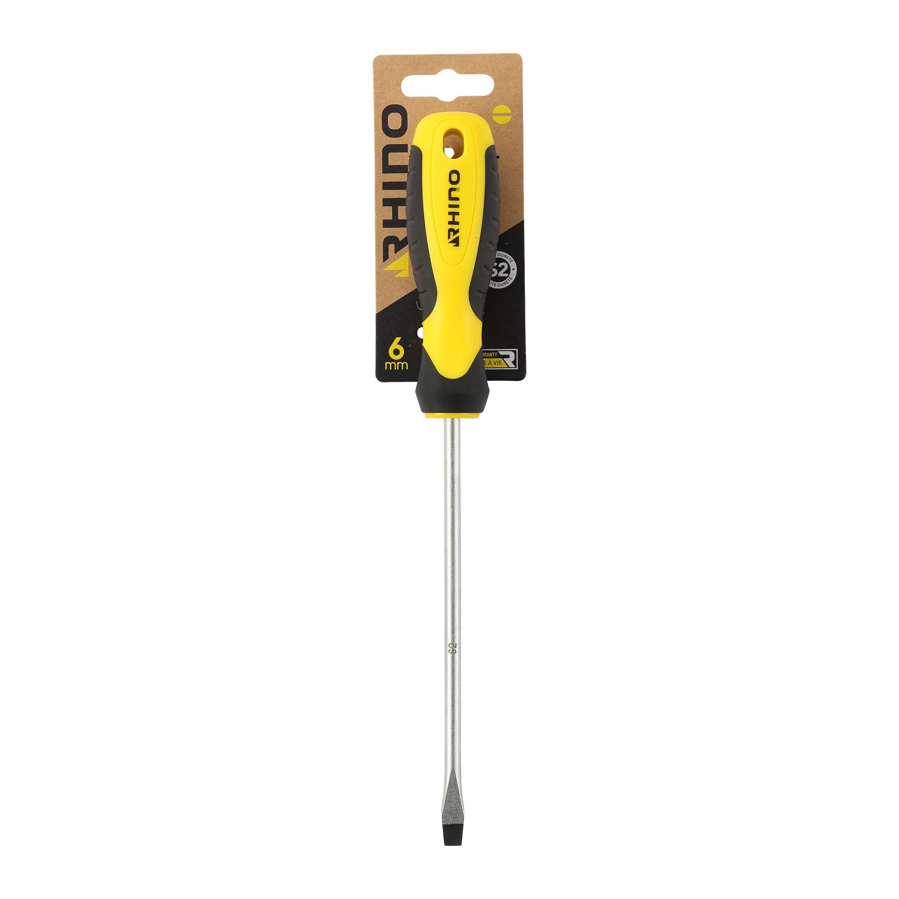 RHINO 15022 Flat Screwdriver 6 x 150 mm - S2 Steel Blade - Ergonomic Handle - Magnetic Bit - Professional Use - Various Sizes Available, NC, 6 x 150 mm