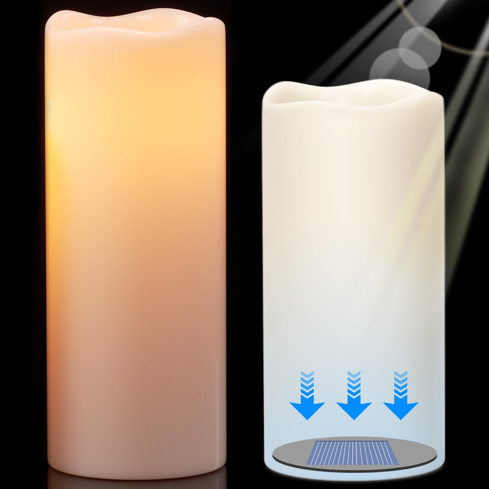 Photo 1 of DRomance Large Solar Flameless Candles Outdoor Waterproof Dusk to Dawn Solar Rechargeable Battery LED Flickering Pillar Candles for Patio Porch Garden Lantern Decor(2 Pack, 4" D x 8", 10" H)