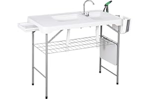 Allpop Fish Cleaning Table with 2 Sinks & Grid Rack, 42.5'' Portable Folding Camping Fish Station with Foldable Faucet, Drainage Hose, Sprayer, Storage Box, Drawer & Grooves for Picnic, White