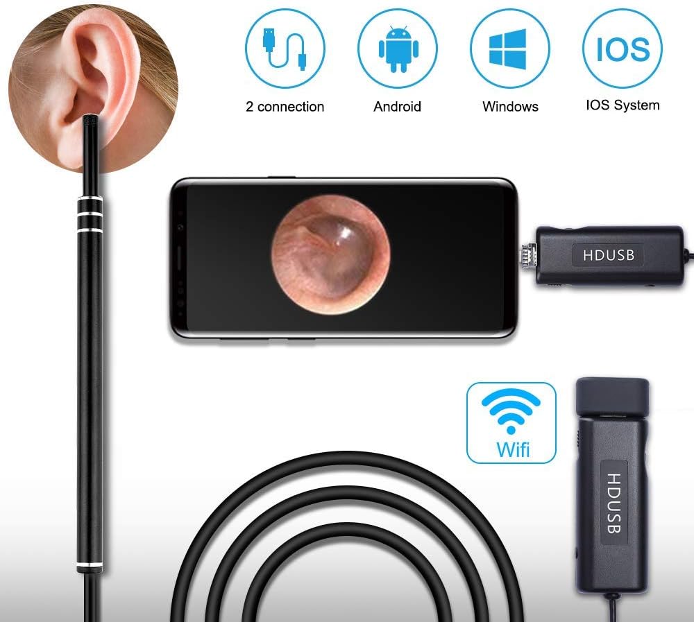 Mayday Inspection Camera Wireless, Wifi Endoscope Digital Borescope Ear, USB Otoscope Tool Waterproof IP67 with 6 Adjustable LED Lights Compatible for Android/IOS System/Samsung/Table New Black