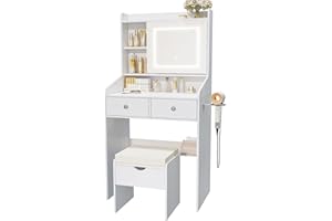 Viaozutis Vanity, Small Vanity Desk with Sliding Mirror, Dimmable LED Lights, 2 Drawers,Vanity Table Ideal for Bedroom (White)