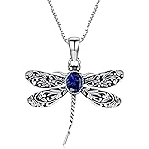 QKABTI Vintage Dragonfly Necklace for Women 925 Sterling Silver, Oval Birthstone Dragonfly Pendant Boho Jewelry Birthday Gift for Her, Mom, Grandma