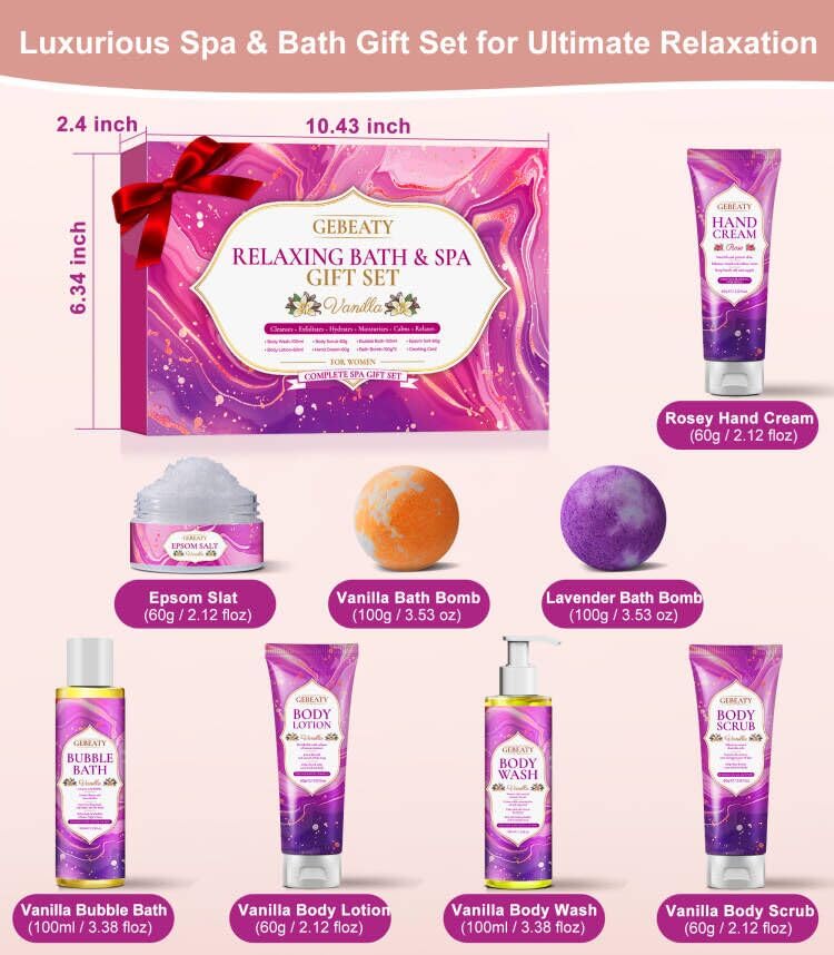 Christmas Gifts for Women,Stress Relief & Relaxing Body Wash Bath Set,Vanilla Home Spa Basket Gifts Set for Woman Mom Wife Her Sister,Unique Self Care Womens Gift ,Birthday Secret Santa Gifts Women