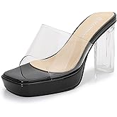 YHEROHG Women's Clear One Band Open Toe Platform Chunky High Heel Sandals Comfort Slip On Sexy Dress Heeled Slides Sandals for Wedding Prom Party Evening
