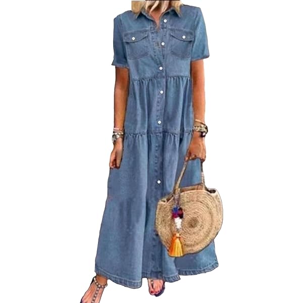 knee length dresses for ladies Denim Button-Front Midi Dress