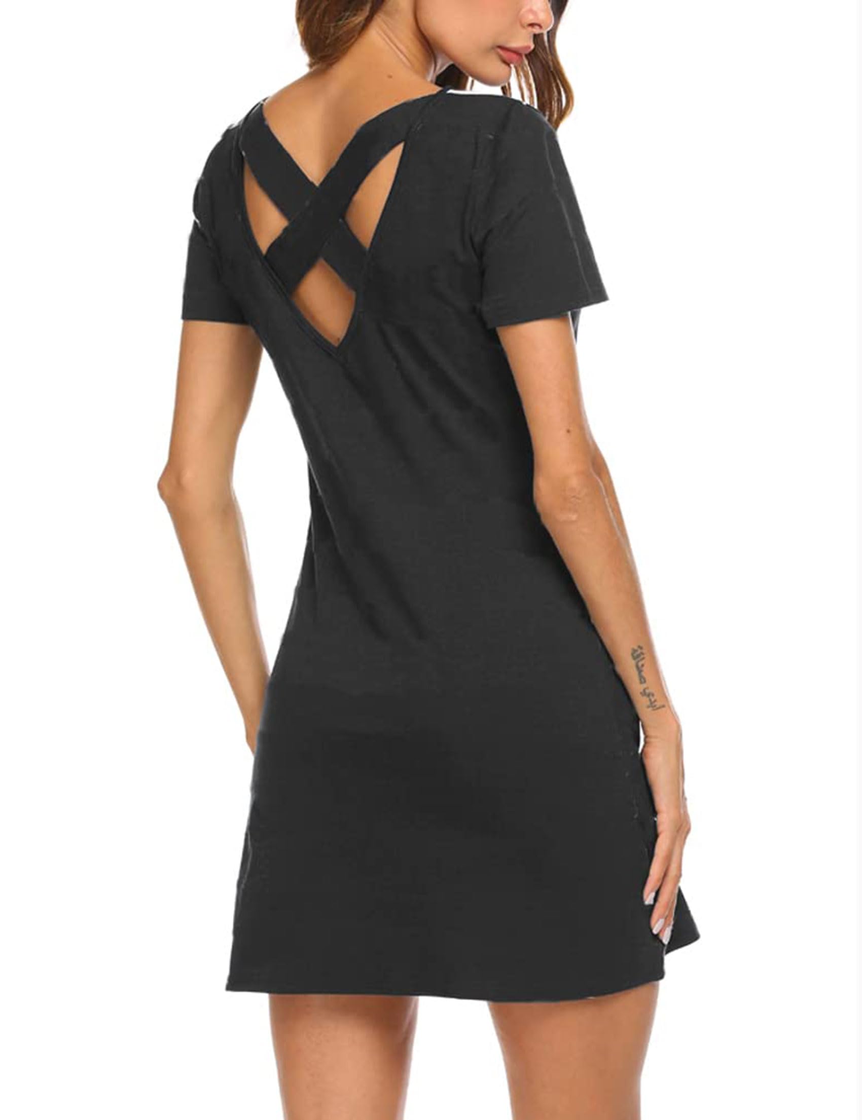 Photo 1 of Feager Women's Casual Solid Criss Cross Short Sleeve T Shirt Dress Solid Black XL